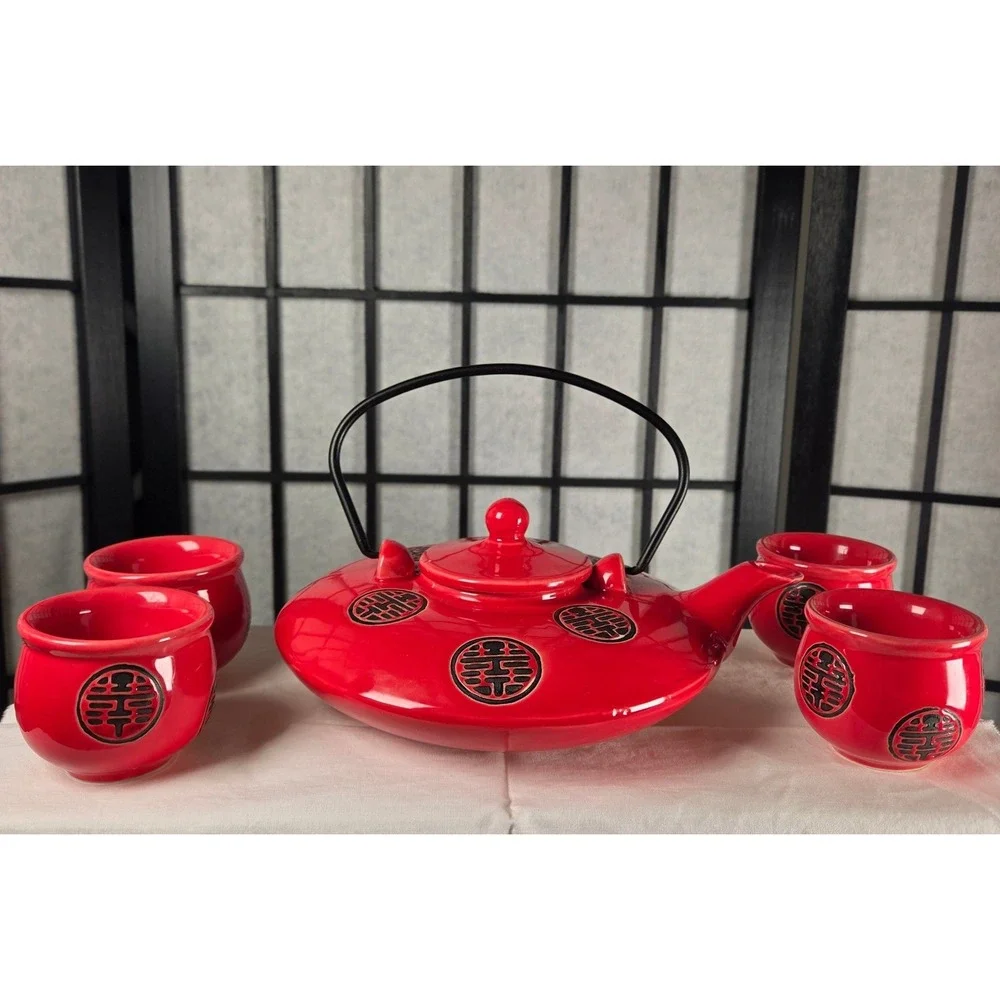 Red Double Happiness Ceramic Tea Set Teapot and 4 Cups Chinese Wedding Decor